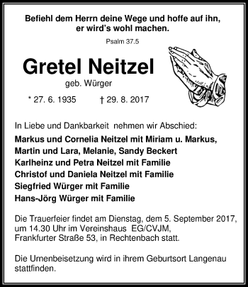 Traueranzeige von Gretel Neitzel von Wetzlarer Neue Zeitung