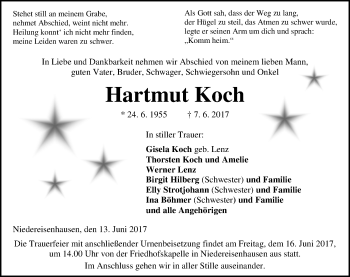 Traueranzeige von Hartmut Koch von Wetzlarer Neue Zeitung