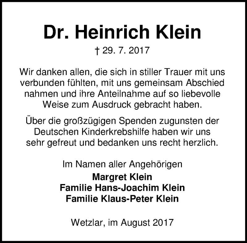  Traueranzeige für Heinrich Klein vom 26.08.2017 aus Wetzlarer Neue Zeitung