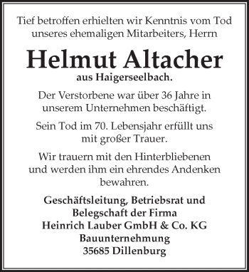 Traueranzeige von Helmut Altacher von Wetzlarer Neue Zeitung