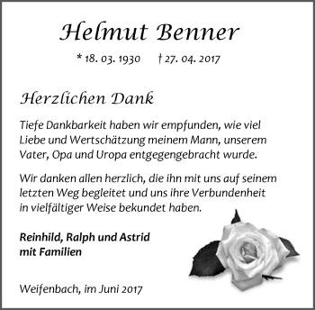 Traueranzeige von Helmut Benner von Wetzlarer Neue Zeitung