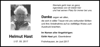 Traueranzeige von Helmut Hast von Wetzlarer Neue Zeitung