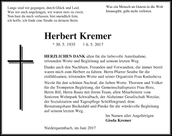 Traueranzeige von Herbert Kremer von Wetzlarer Neue Zeitung