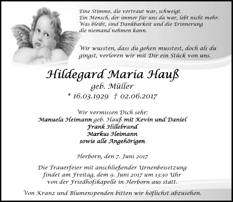 Traueranzeige für Hildegard Maria Hauß vom 07.06.2017 aus Wetzlarer Neue Zeitung
