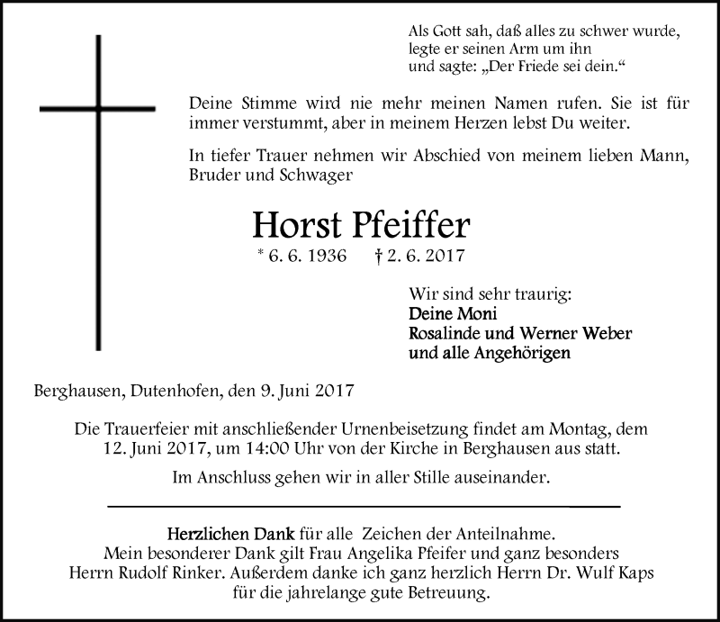  Traueranzeige für Horst Pfeffer vom 09.06.2017 aus Wetzlarer Neue Zeitung