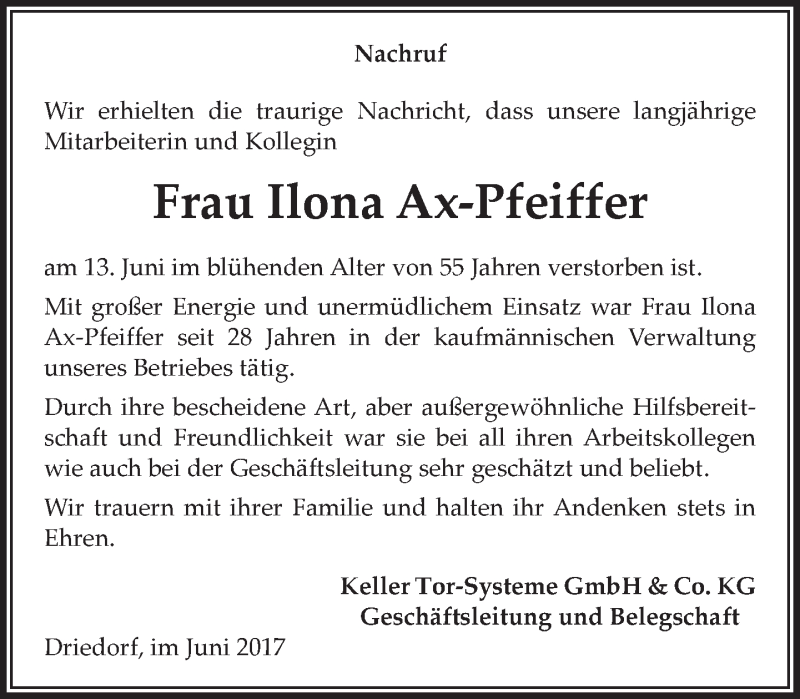  Traueranzeige für Ilona Ax-Pfeiffer vom 19.06.2017 aus Wetzlarer Neue Zeitung