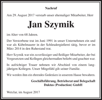 Traueranzeige von Jan Szymik von Wetzlarer Neue Zeitung