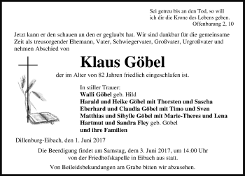 Traueranzeige von Klaus Göbel von Wetzlarer Neue Zeitung