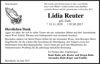 Traueranzeige von Lidia Reuter von Wetzlarer Neue Zeitung