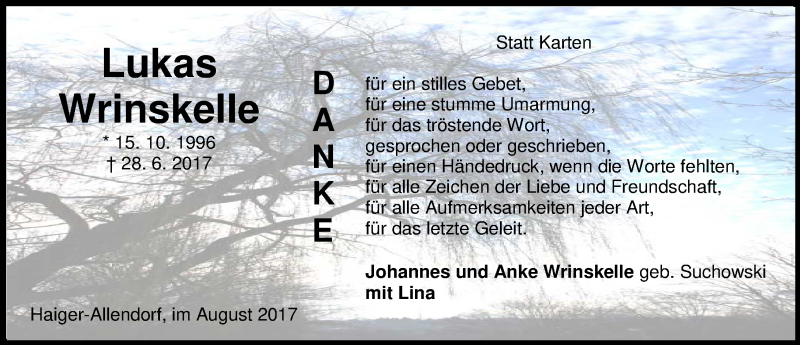  Traueranzeige für Lukas Wrinskelle vom 19.08.2017 aus Wetzlarer Neue Zeitung