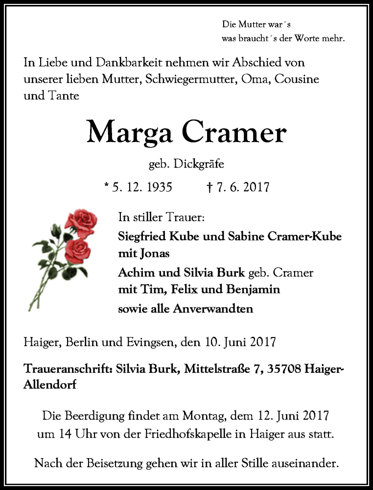  Traueranzeige für Marga Cramer vom 10.06.2017 aus Wetzlarer Neue Zeitung