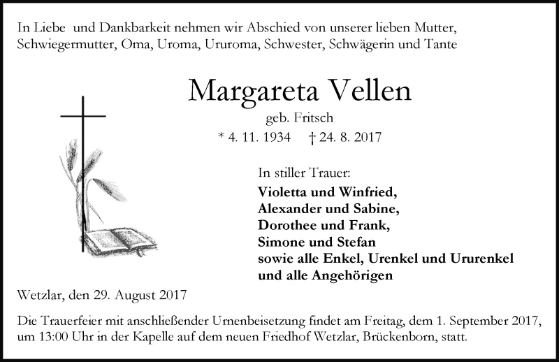  Traueranzeige für Margareta Vellen vom 30.08.2017 aus Wetzlarer Neue Zeitung