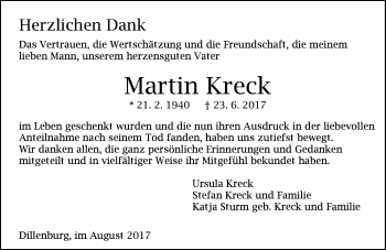 Traueranzeige von Martin Kreck von Wetzlarer Neue Zeitung