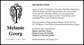 Traueranzeige von Melanie Georg von Wetzlarer Neue Zeitung