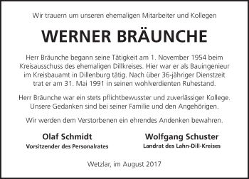 Traueranzeige von Werner Bräunche von Wetzlarer Neue Zeitung