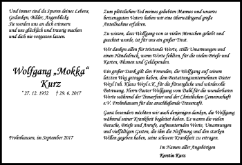 Traueranzeige von Wolfgang Kurz von Wetzlarer Neue Zeitung