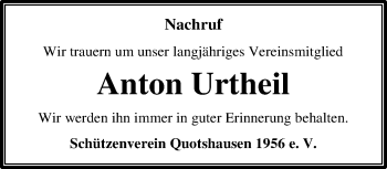 Traueranzeige von Anton Urtheil von Wetzlarer Neue Zeitung