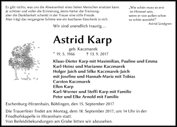 Traueranzeige von Astrid Karp von Wetzlarer Neue Zeitung