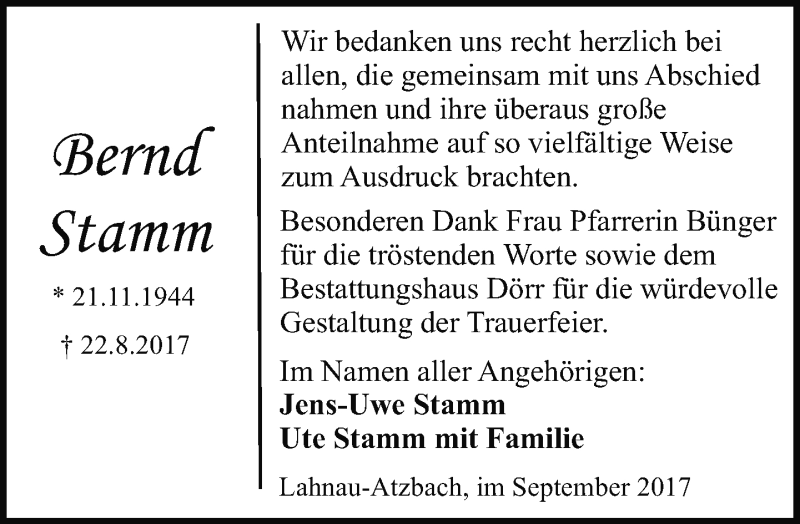  Traueranzeige für Bernd Stamm vom 14.09.2017 aus Wetzlarer Neue Zeitung