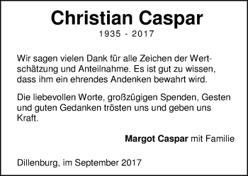 Traueranzeige von Christian Caspar von Wetzlarer Neue Zeitung