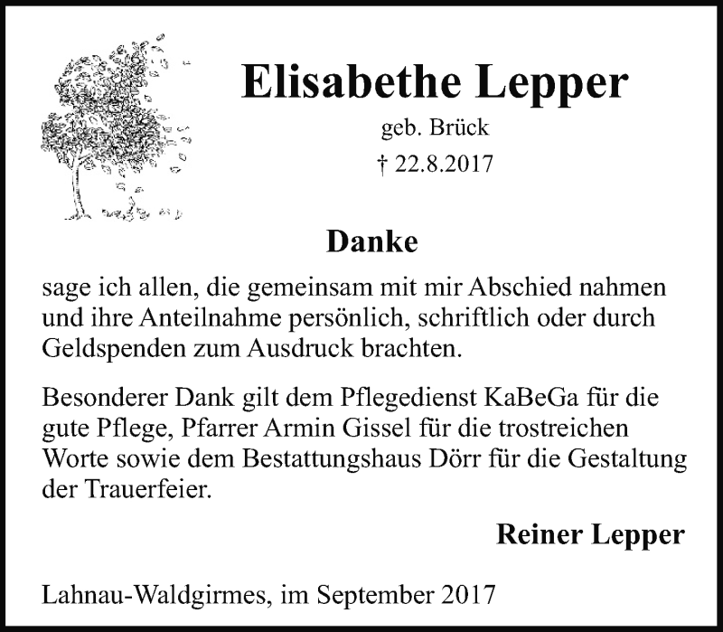  Traueranzeige für Elisabethe Lepper vom 12.09.2017 aus Wetzlarer Neue Zeitung