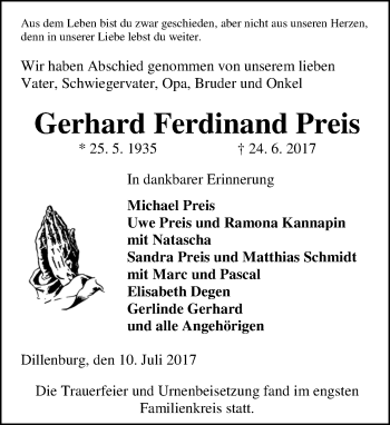 Traueranzeige von Gerhard Ferdinand Preis von Wetzlarer Neue Zeitung