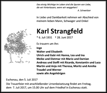 Traueranzeige von Karl Strangfeld von Wetzlarer Neue Zeitung
