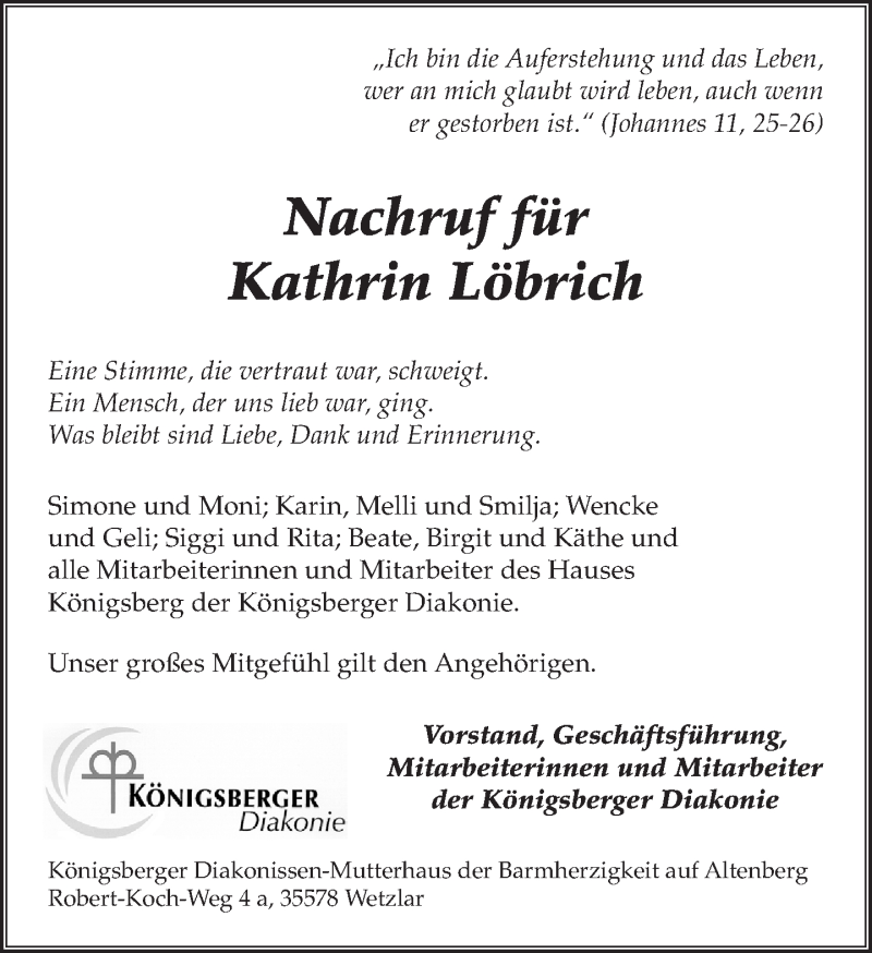  Traueranzeige für Kathrin Löbrich vom 16.09.2017 aus Wetzlarer Neue Zeitung