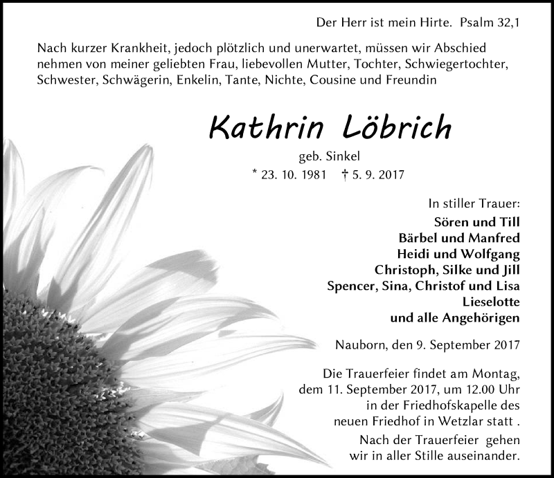  Traueranzeige für Kathrin Löbrich vom 09.09.2017 aus Wetzlarer Neue Zeitung