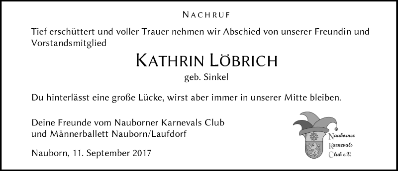  Traueranzeige für Kathrin Löbrich vom 12.09.2017 aus Wetzlarer Neue Zeitung
