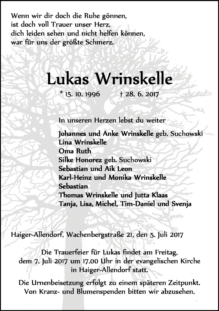  Traueranzeige für Lukas Wrinskelle vom 05.07.2017 aus Wetzlarer Neue Zeitung