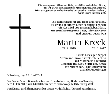 Traueranzeige von Martin Kreck von Wetzlarer Neue Zeitung