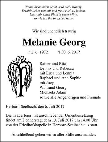 Traueranzeige von Melanie Georg von Wetzlarer Neue Zeitung