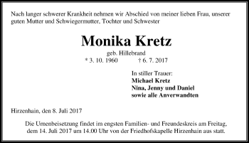 Traueranzeige von Monika Kretz von Wetzlarer Neue Zeitung