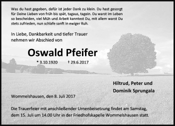 Traueranzeige von Oswald Pfeifer von Wetzlarer Neue Zeitung