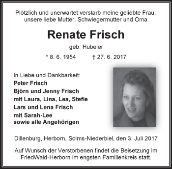 Traueranzeige von Renate Frisch von Wetzlarer Neue Zeitung