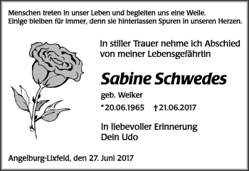 Traueranzeige von Sabine Schwedes von Wetzlarer Neue Zeitung