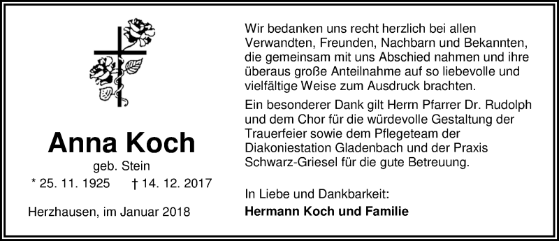  Traueranzeige für Anna Koch vom 09.01.2018 aus Wetzlarer Neue Zeitung