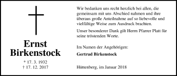 Traueranzeige von Ernst Birkenstock von Wetzlarer Neue Zeitung