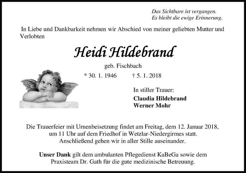  Traueranzeige für Heidi Hildebrand vom 09.01.2018 aus Wetzlarer Neue Zeitung