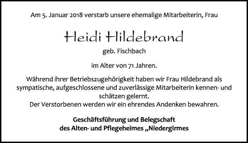 Traueranzeige für Heidi Hildebrand vom 13.01.2018 aus Wetzlarer Neue Zeitung
