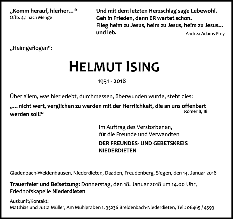  Traueranzeige für Helmut Ising vom 16.01.2018 aus Hinterländer Anzeiger