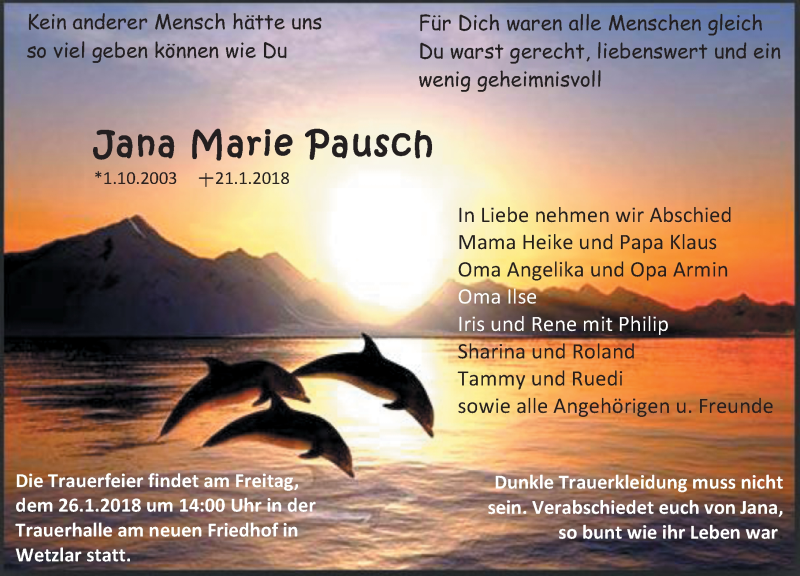  Traueranzeige für Jana Marie Pausch vom 24.01.2018 aus Wetzlarer Neue Zeitung