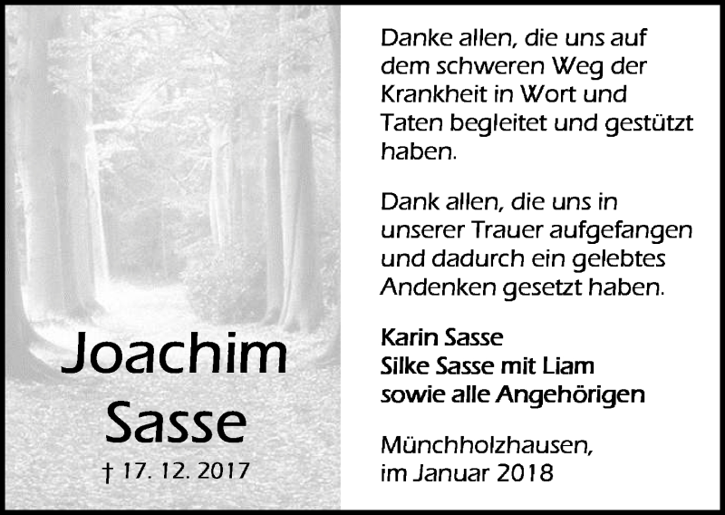  Traueranzeige für Joachim Sasse vom 26.01.2018 aus Wetzlarer Neue Zeitung