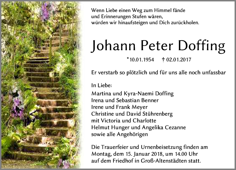  Traueranzeige für Johann Peter Doffing vom 10.01.2018 aus Wetzlarer Neue Zeitung