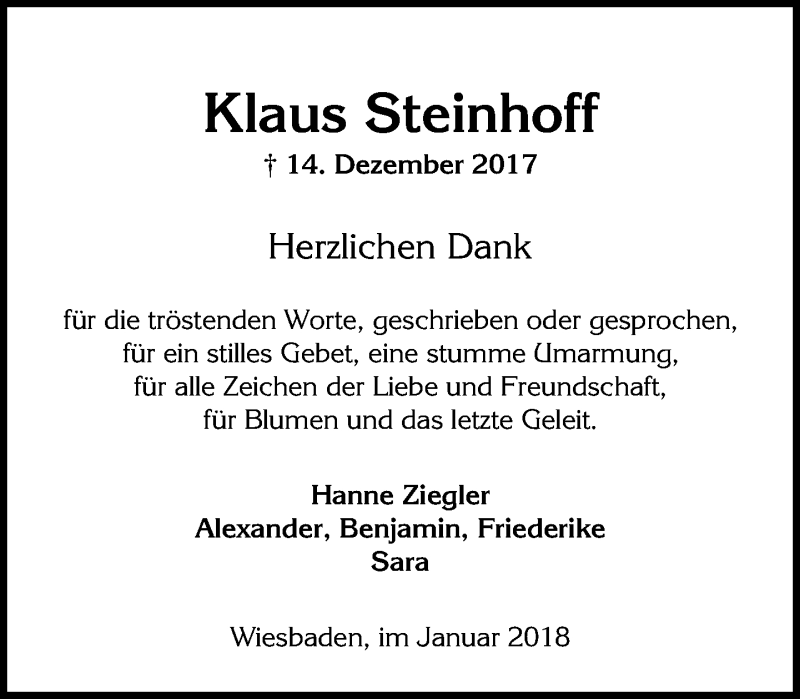  Traueranzeige für Klaus Steinhoff vom 27.01.2018 aus Weilburger Tageblatt