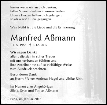 Traueranzeige von Manfred Aßmann von Wetzlarer Neue Zeitung