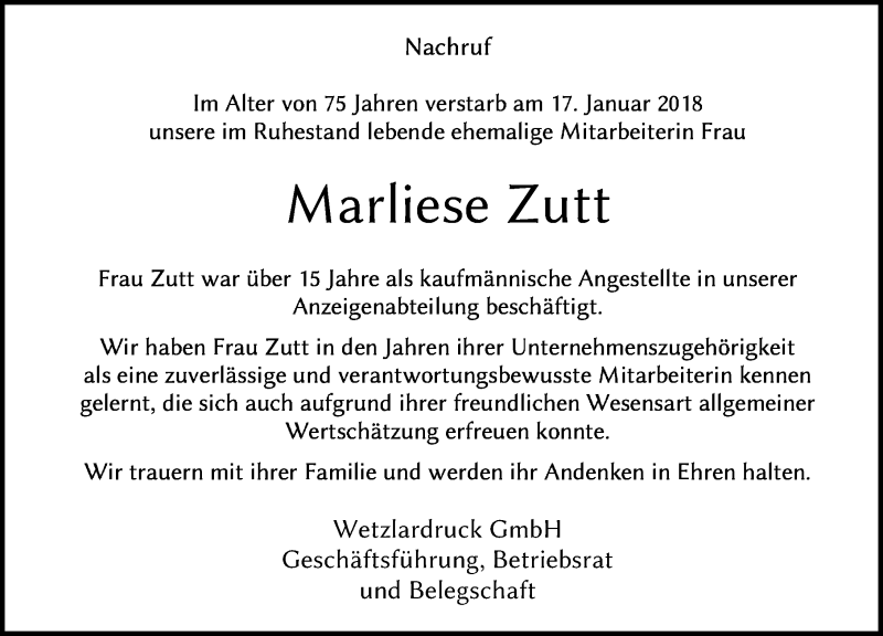  Traueranzeige für Marliese Zutt vom 20.01.2018 aus Wetzlarer Neue Zeitung