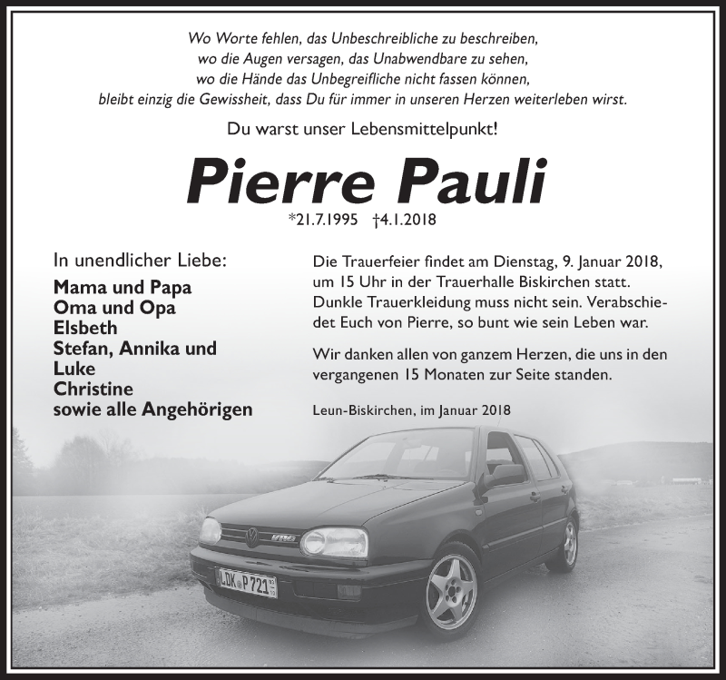  Traueranzeige für Pierre Pauli vom 07.01.2018 aus Wetzlarer Neue Zeitung