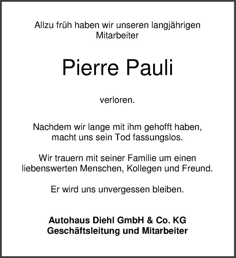  Traueranzeige für Pierre Pauli vom 08.01.2018 aus Wetzlarer Neue Zeitung